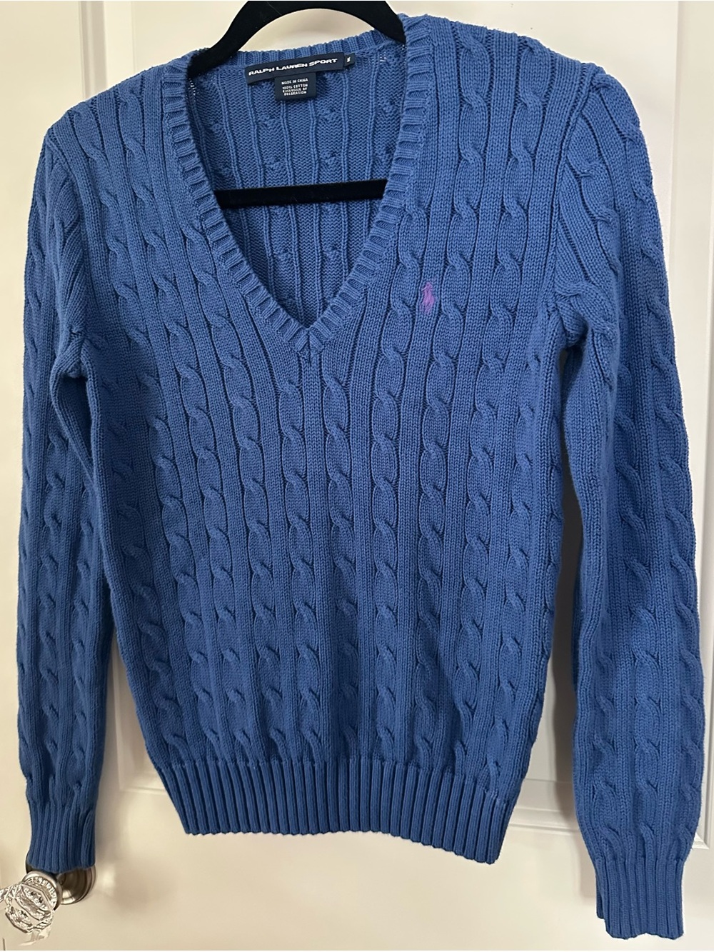 Ralph Lauren Sport Blue Cable Knit V-Neck Sweater Medium Cotton - Picture 5 of 5